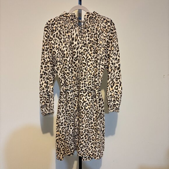 J. Crew Leopard Animal Print Ruffle Neck Smocked Puff Sleeve Dress - Picture 12 of 15